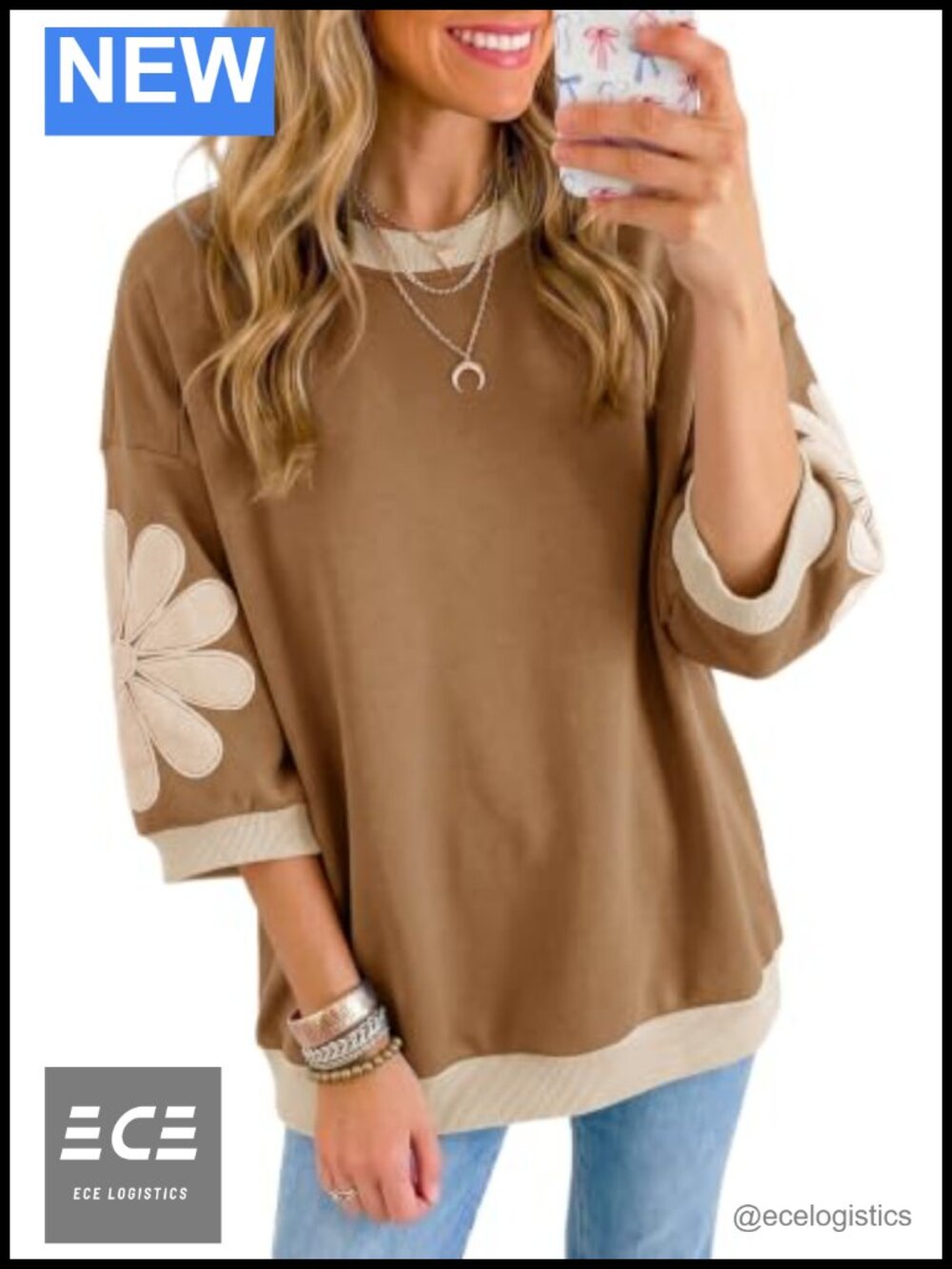 Oversized Floral Patch Sweatshirt 3/4 Sleeve Crewneck Pullover Top